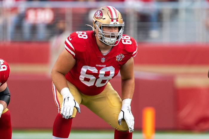 August 14, 2021; Santa Clara, California, USA; San Francisco 49ers offensive tackle Colton McKivitz (68) during the first quarter against the Kansas City Chiefs at Levi's Stadium.